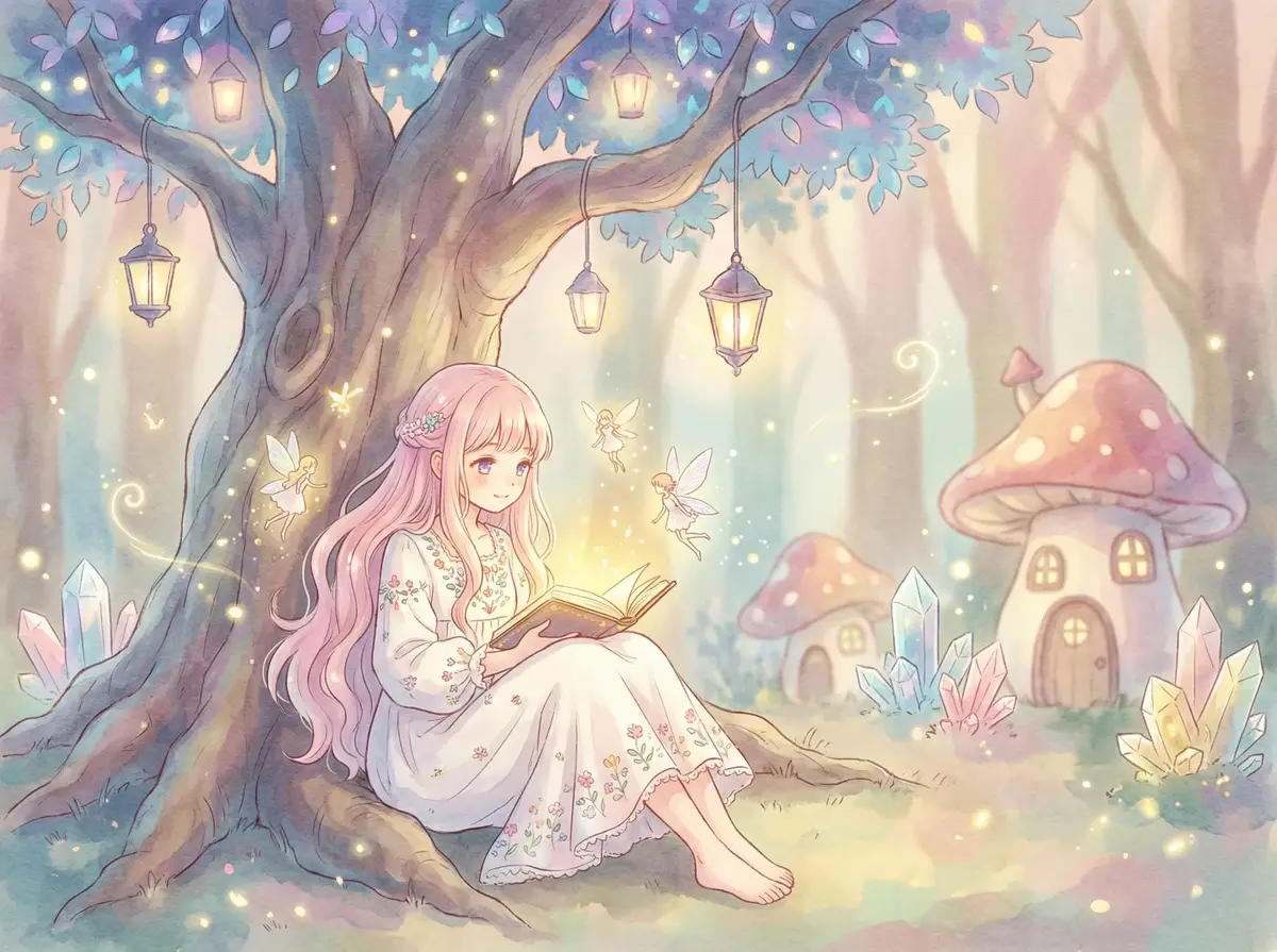 夫妻之间观看视频韩国 - 魔法森林中阅读故事书的粉发少女与精灵